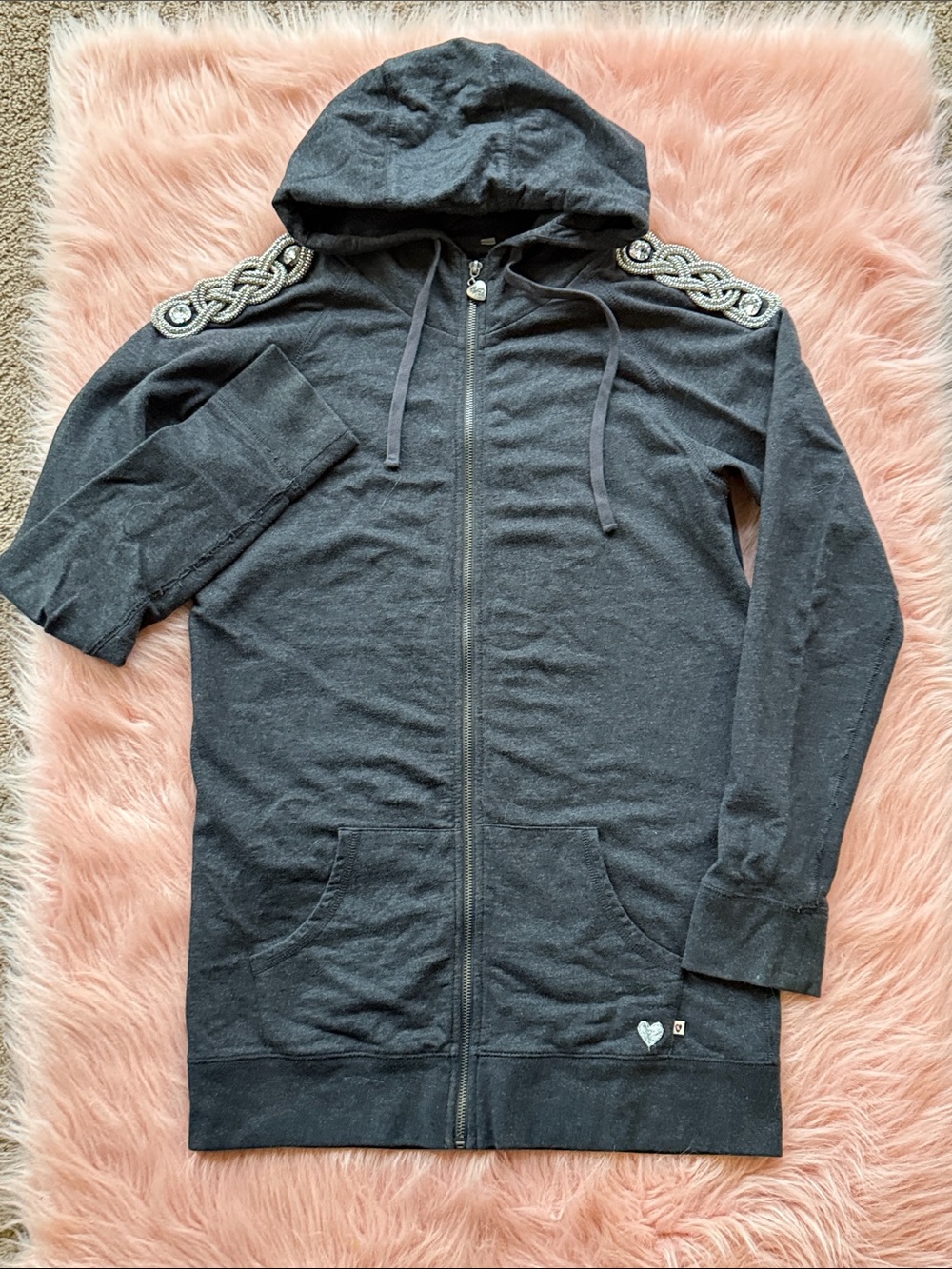 TWISTED HEART Charcoal Gray Embellished Hooded Zip-Up
